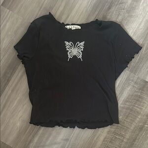 Black Graphic Crop Top with Silver Butterfly